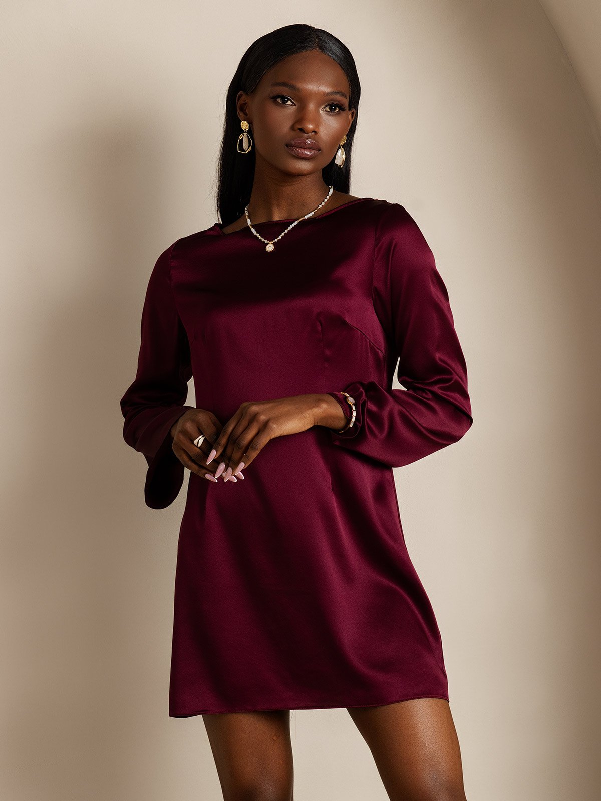 19Momme Silk Long Sleeve Boat Neck Short Dress