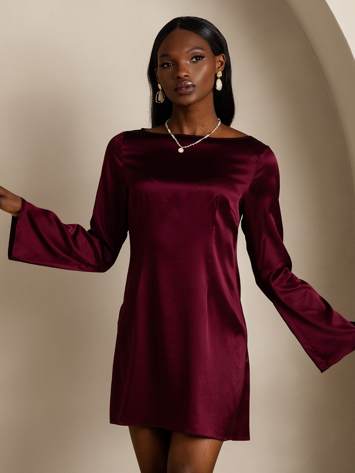 19Momme Silk Long Sleeve Boat Neck Short Dress