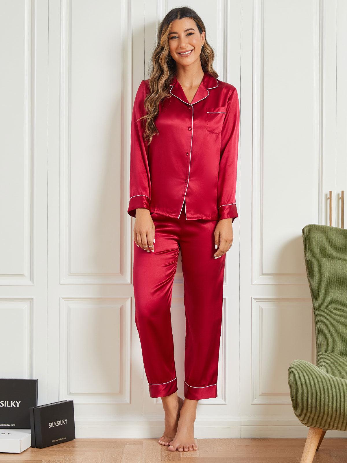 Women's Pure Silk Long Sleeve Notch Collar Pyjamas Set