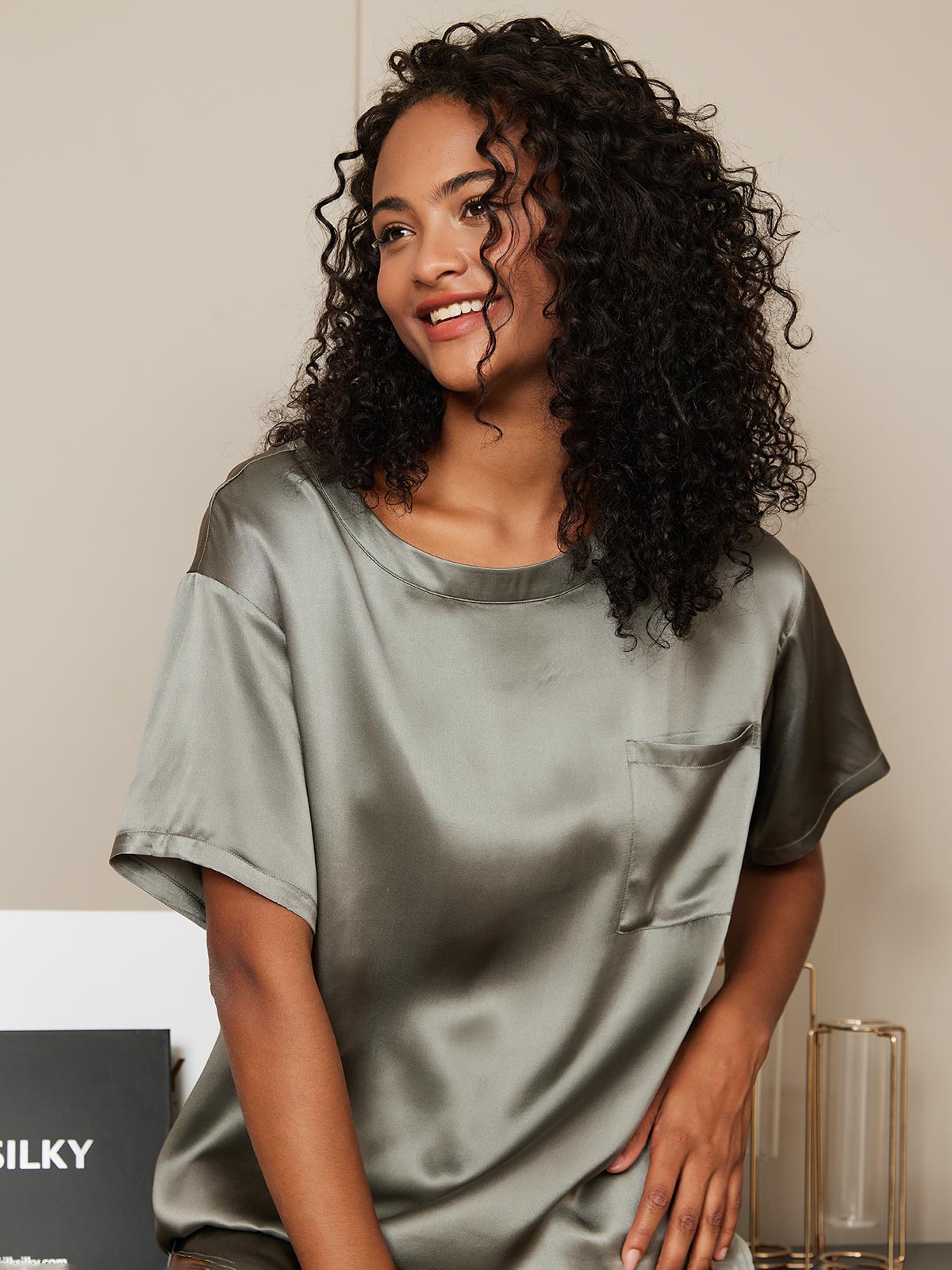 Pure Silk Short Sleeve Round Neck Womens Sleep Tee (Shorts Not Included)