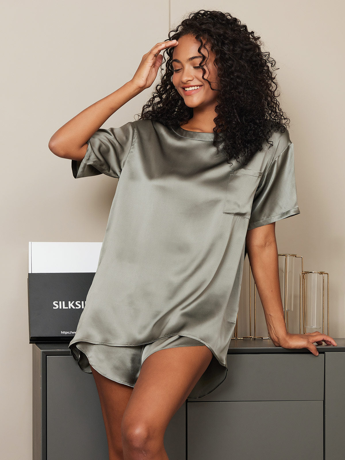 Pure Silk Short Sleeve Round Neck Womens Sleep Tee (Shorts Not Included)