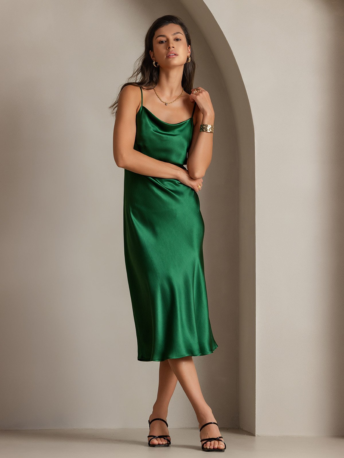 Pure Silk Cowl Neck Midi Dress