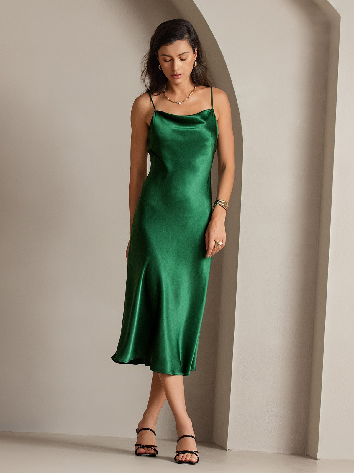Pure Silk Cowl Neck Midi Dress
