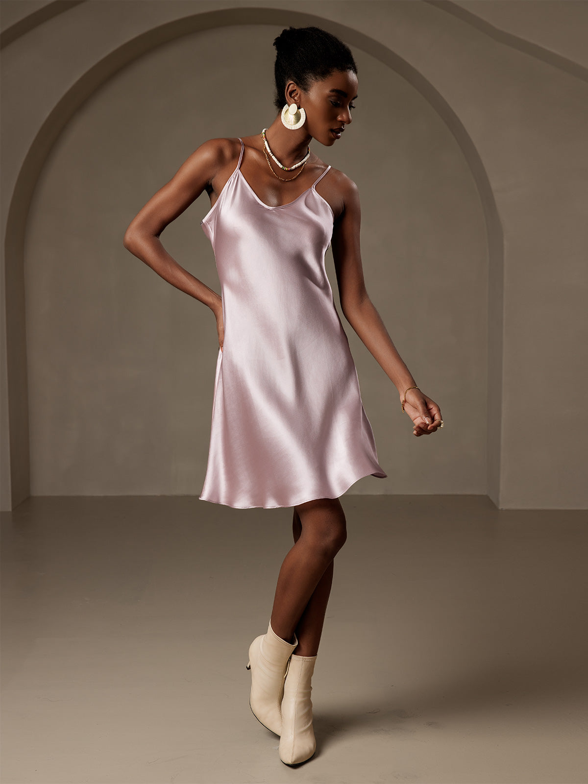 Pure Silk Spaghetti Strap V Neck Short Dress