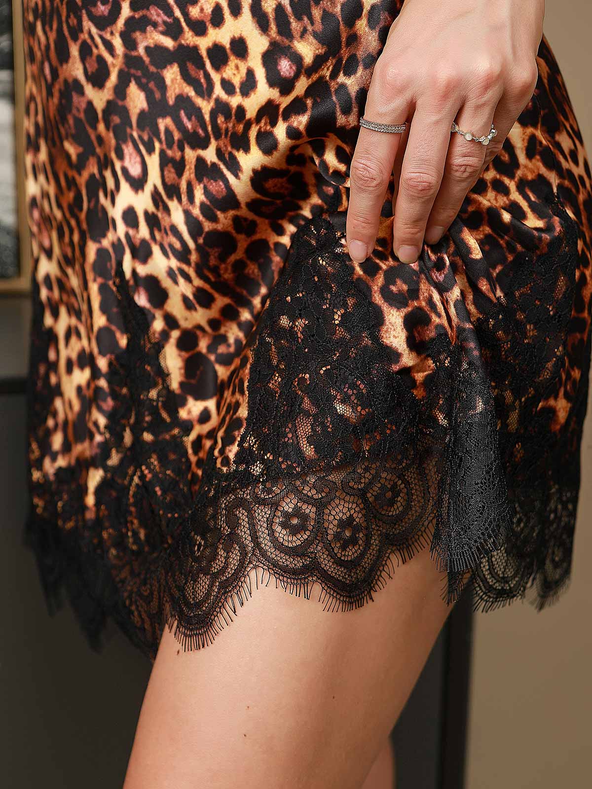 Pure Silk Leopard Print Spaghetti Strap V-neck Short Nightgown with Lace Design