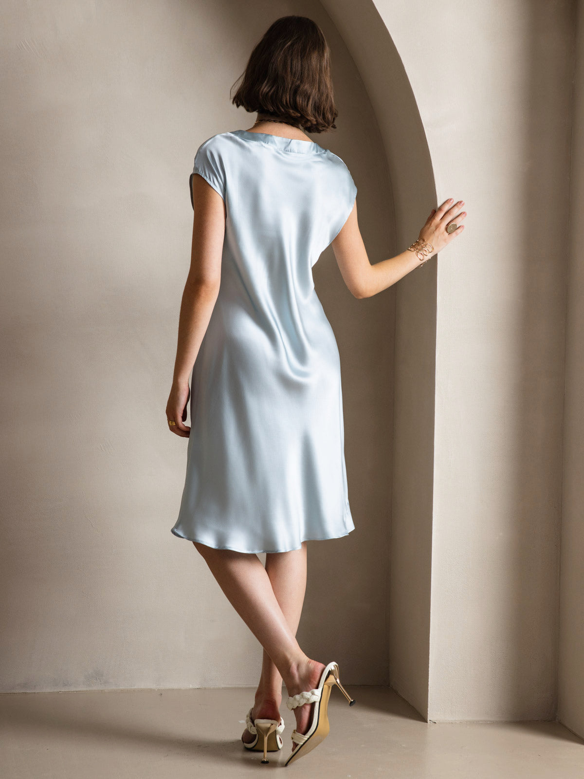 Pure Silk Cap Sleeve V Neck Knee Dress