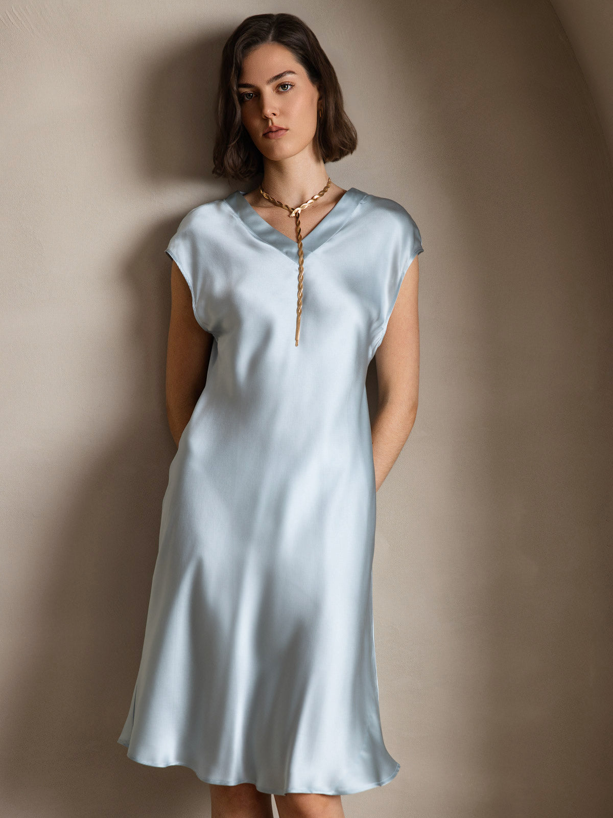 Pure Silk Cap Sleeve V Neck Knee Dress