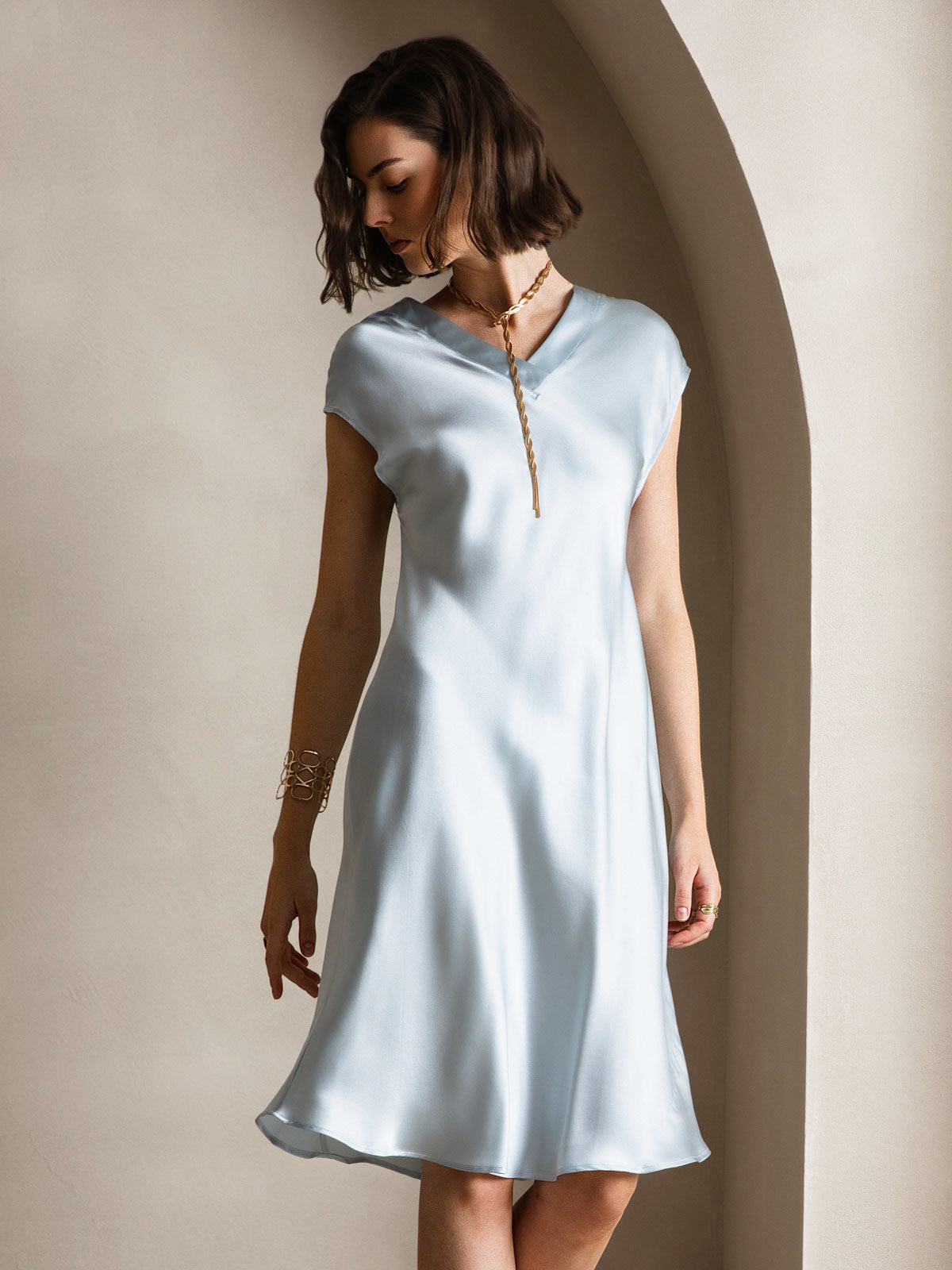 Pure Silk Cap Sleeve V Neck Knee Dress