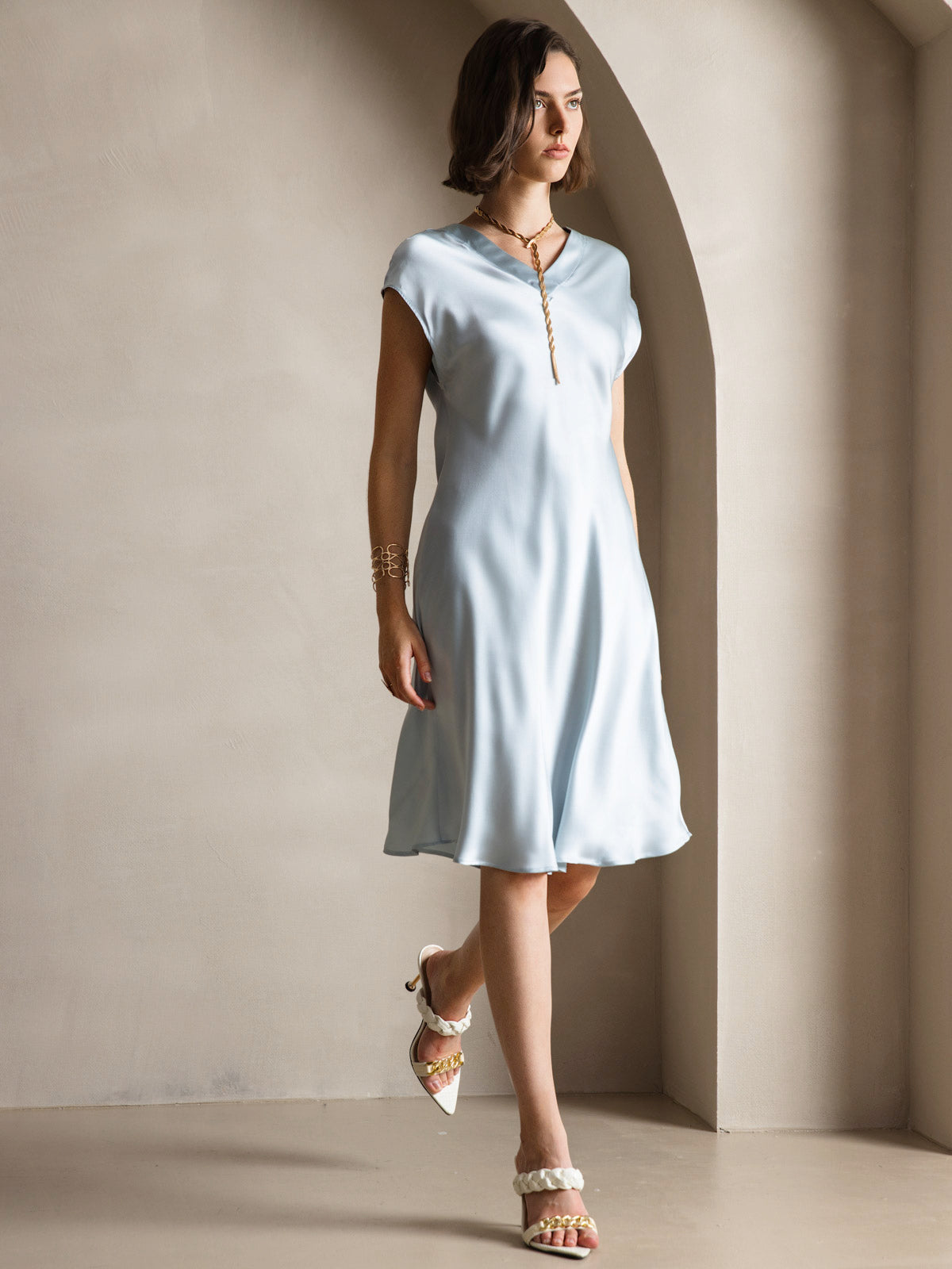 Pure Silk Cap Sleeve V Neck Knee Dress