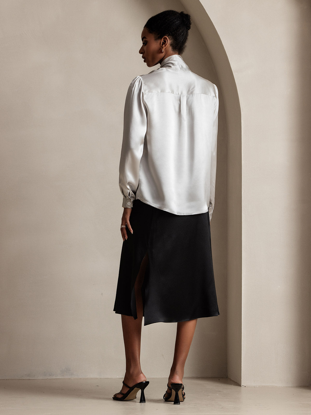 19Momme Silk Long Sleeve Tie Neck Blouse