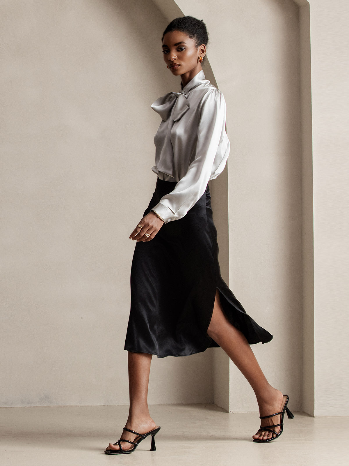 19Momme Silk Long Sleeve Tie Neck Blouse