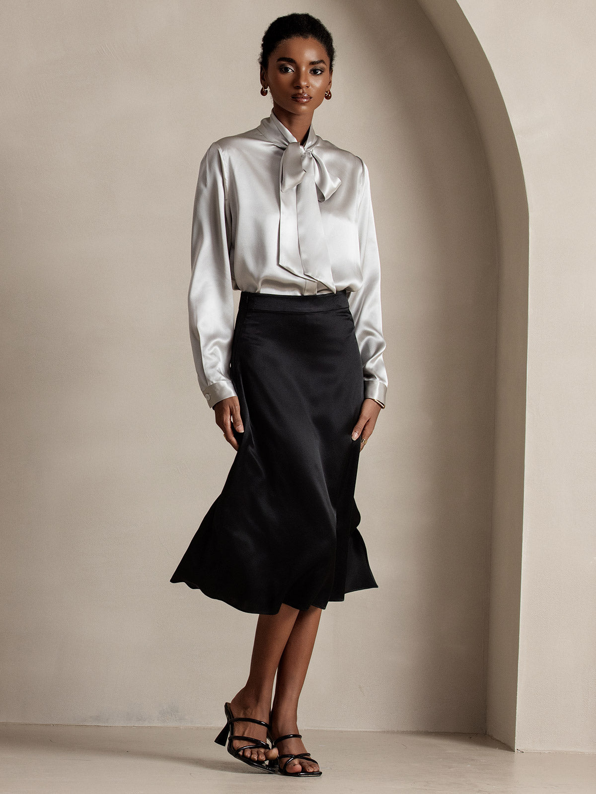 19Momme Silk Long Sleeve Tie Neck Blouse