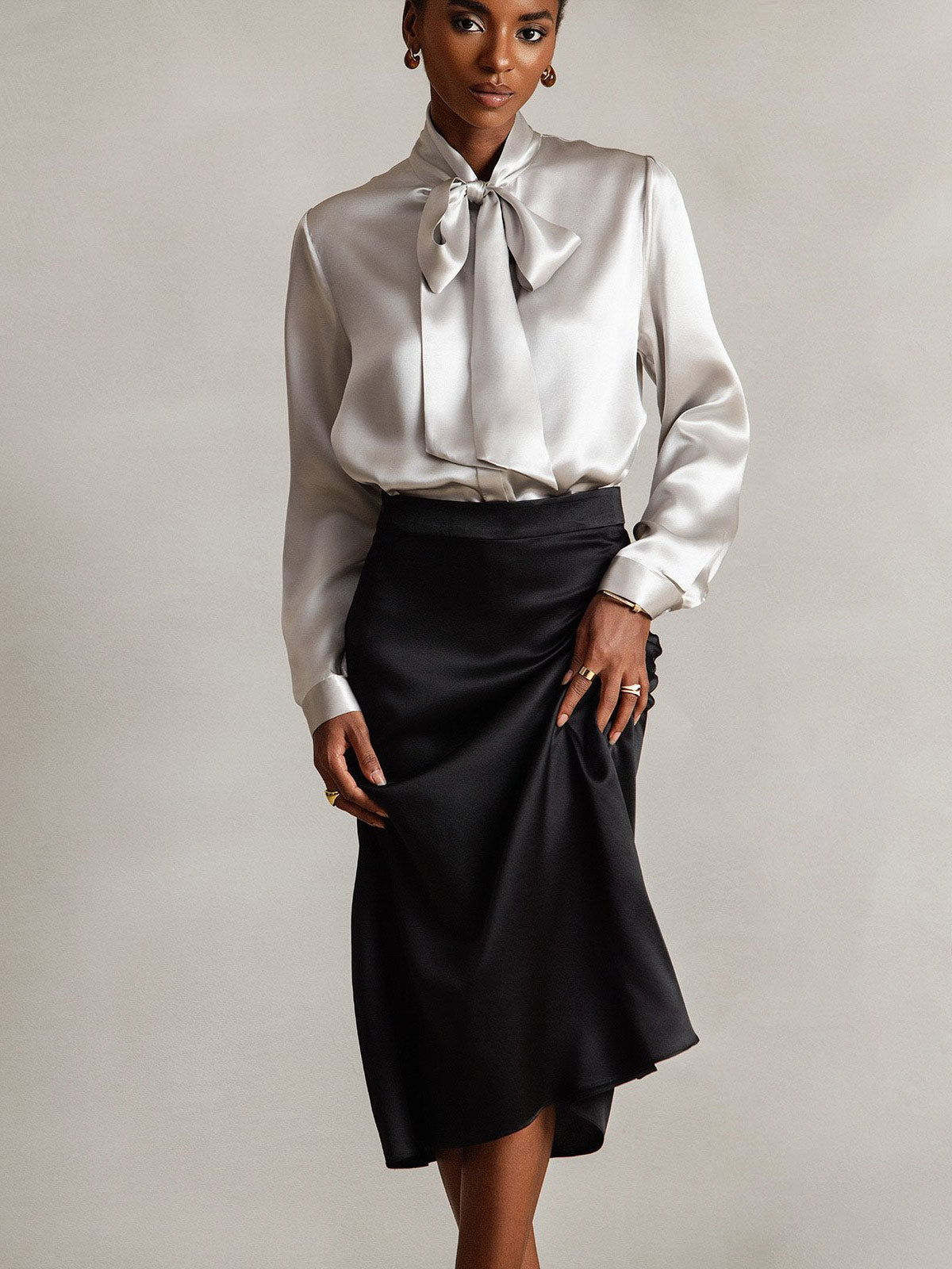 19Momme Silk Long Sleeve Tie Neck Blouse