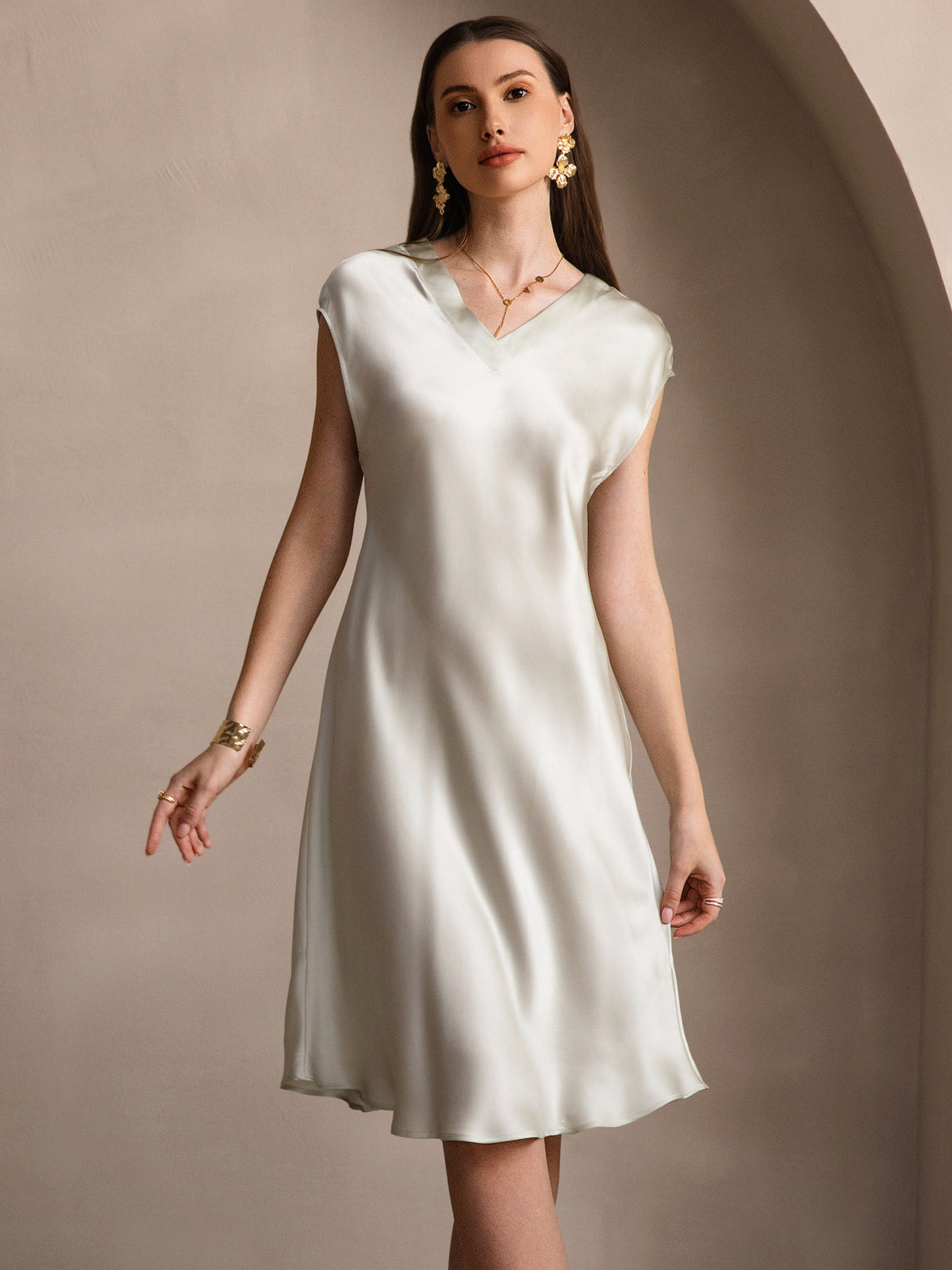 Pure Silk Cap Sleeve V-neck Knee Nightdress