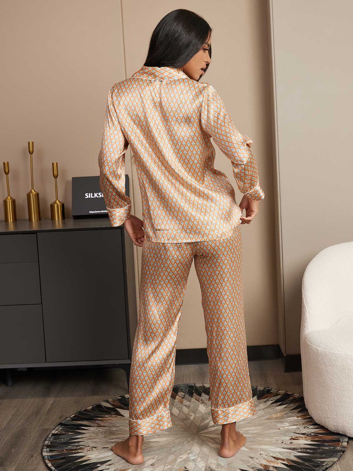 Women's Pure Silk Geometric Print Long Sleeve Pyjamas Set With Pants
