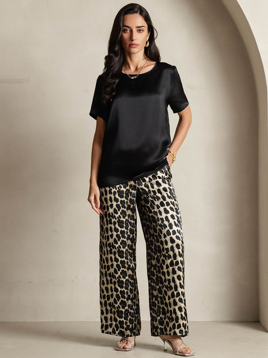Women's Pure Silk Short Sleeve Round Neck Solid Top & Leopard Print Pants Pyjamas Set