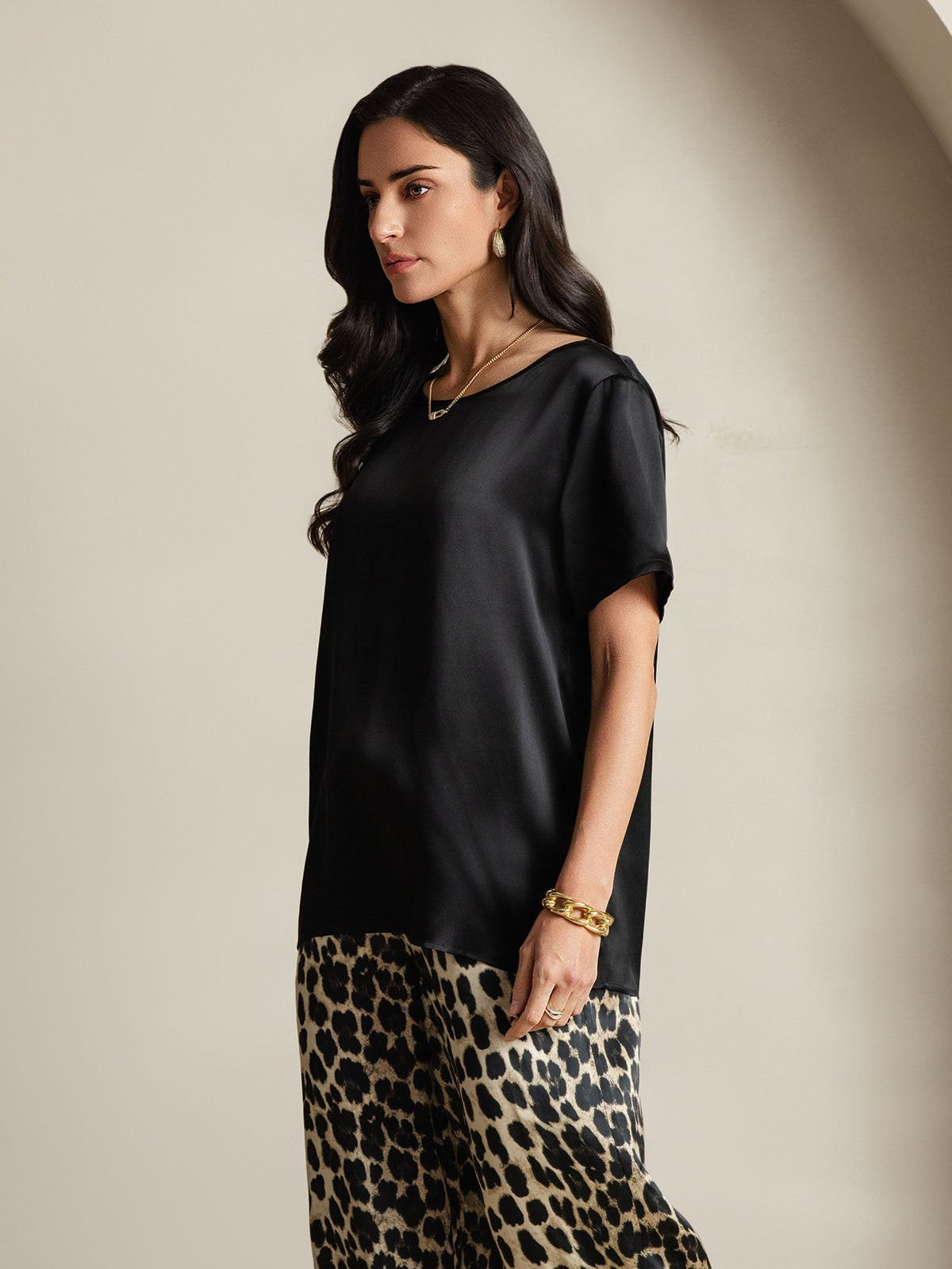 Women's Pure Silk Short Sleeve Round Neck Solid Top & Leopard Print Pants Pyjamas Set