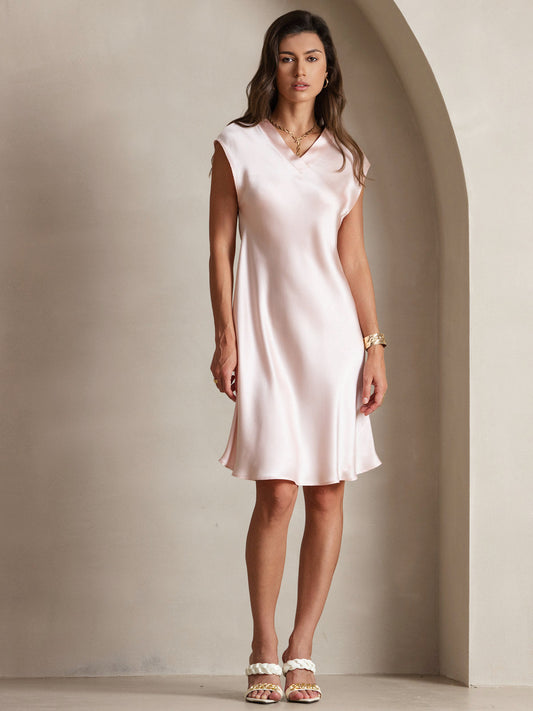 Pure Silk Cap Sleeve V Neck Knee Dress