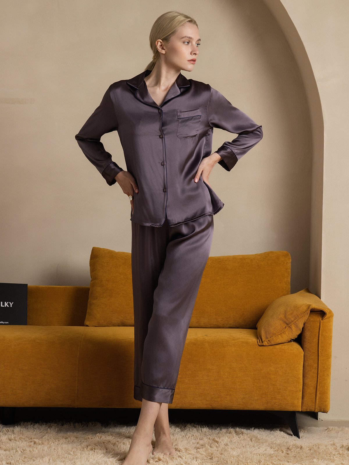 Women's Pure Silk Long Sleeve Notch Collar Pyjamas Set