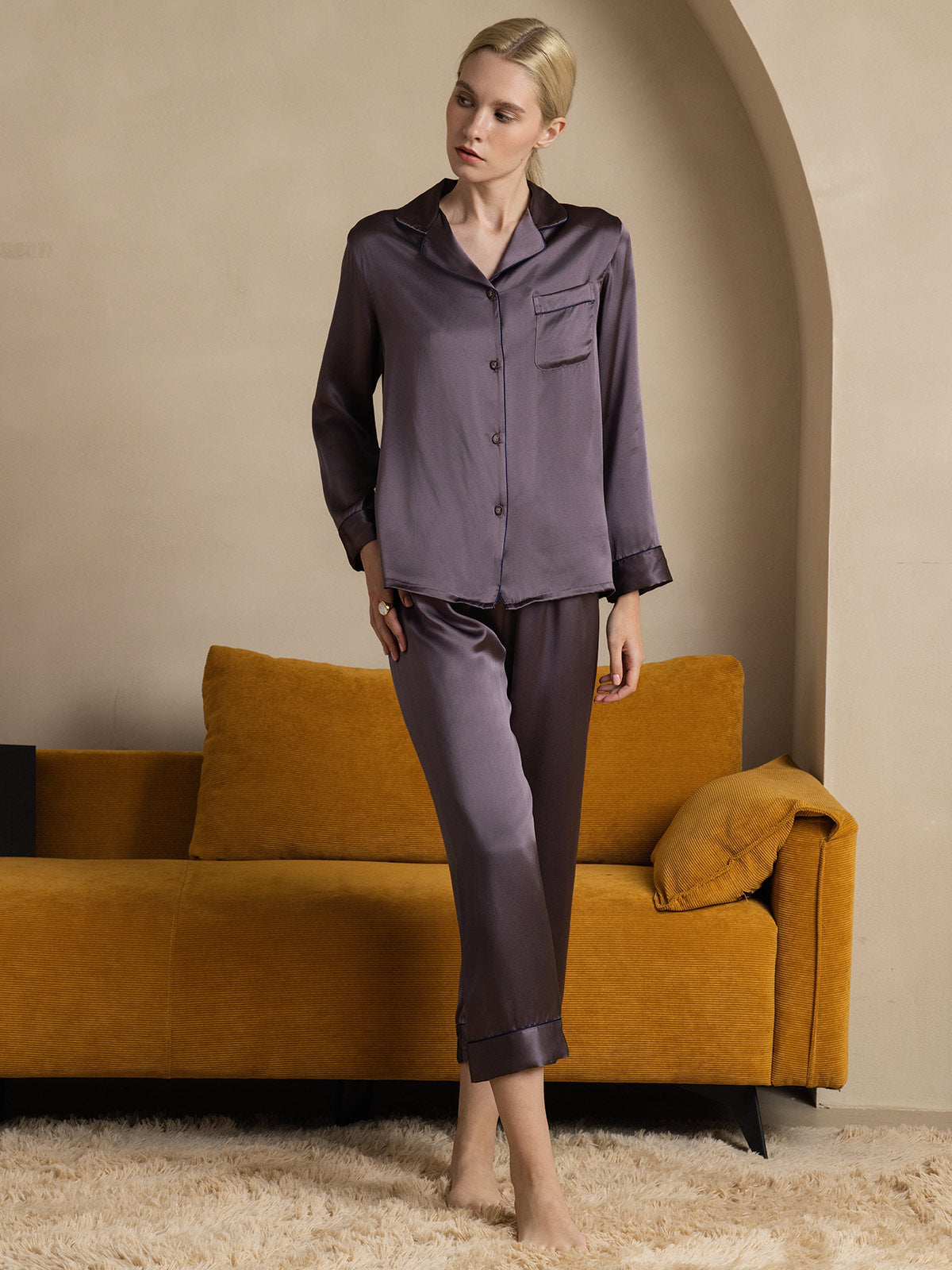 Women's Pure Silk Long Sleeve Notch Collar Pyjamas Set