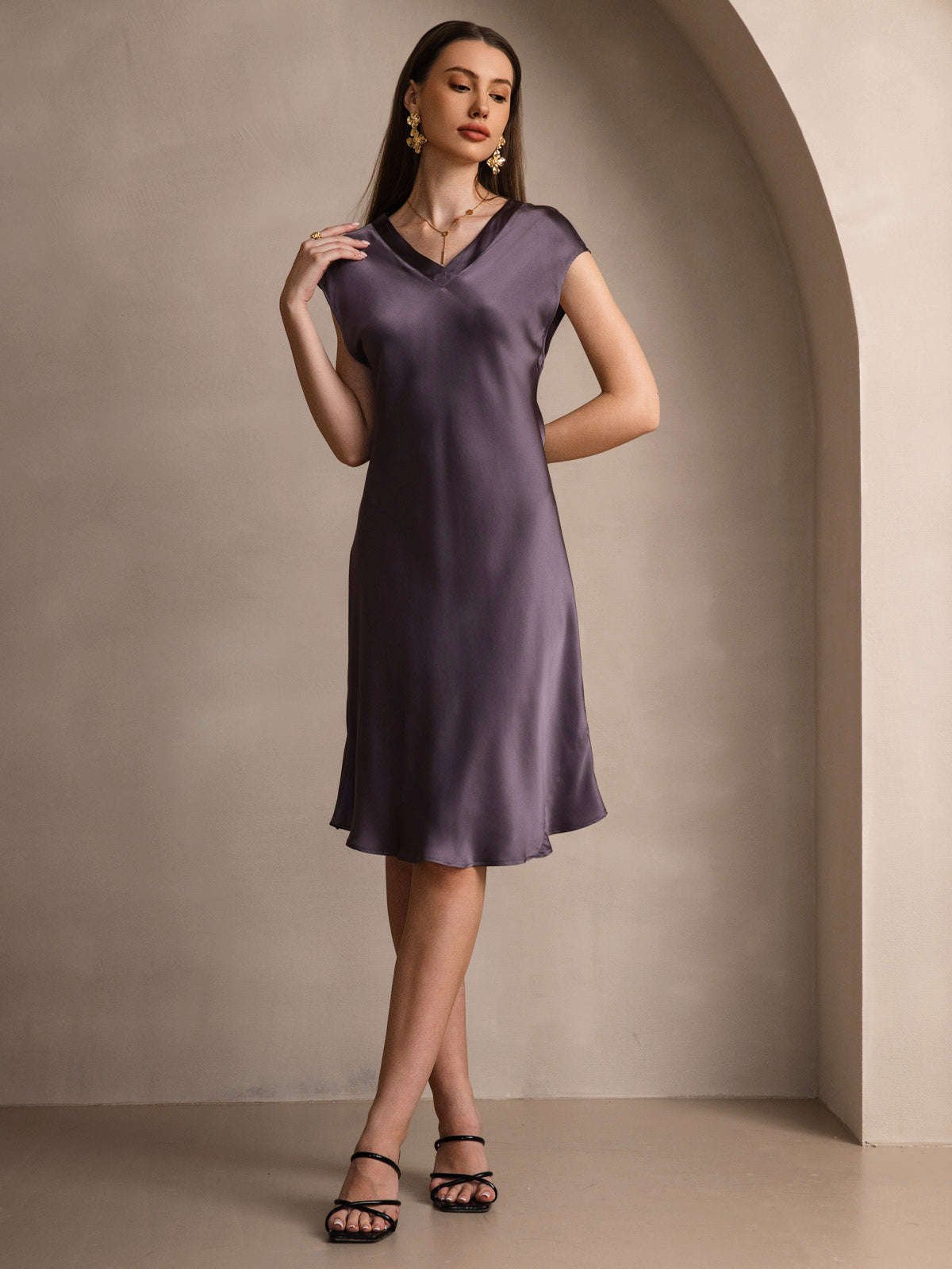 Pure Silk Cap Sleeve V Neck Knee Dress