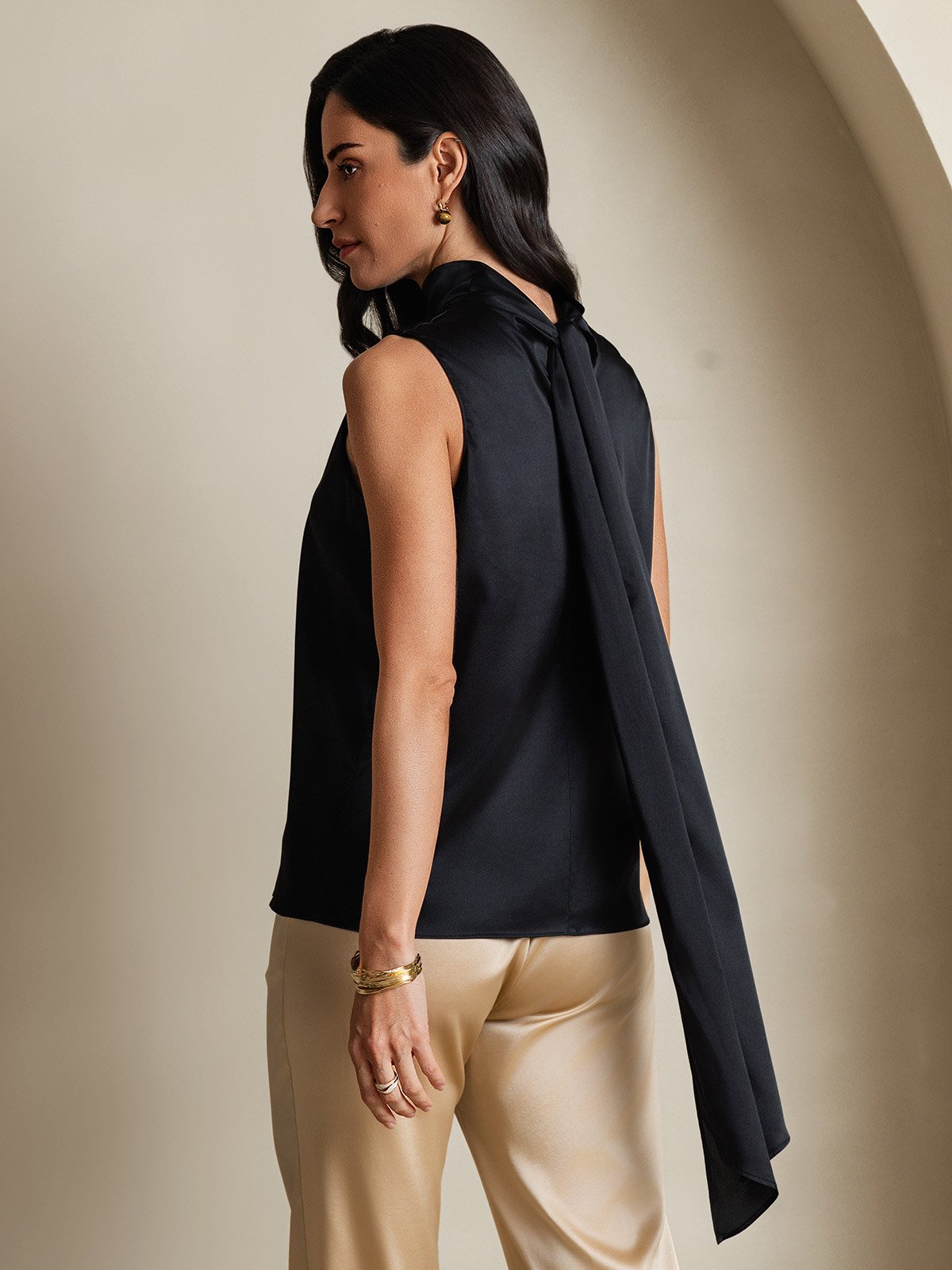 19Momme Silk Sleeveless Tie Neck Blouse