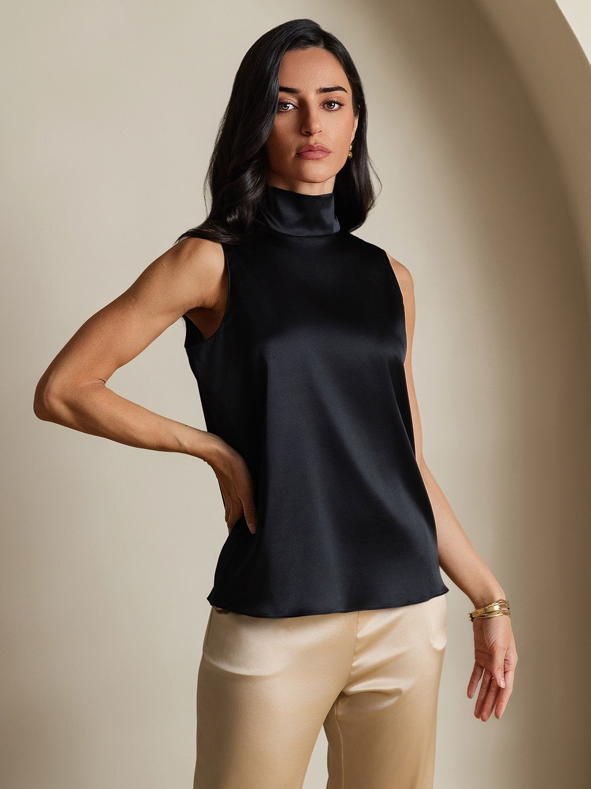 19Momme Silk Sleeveless Tie Neck Blouse