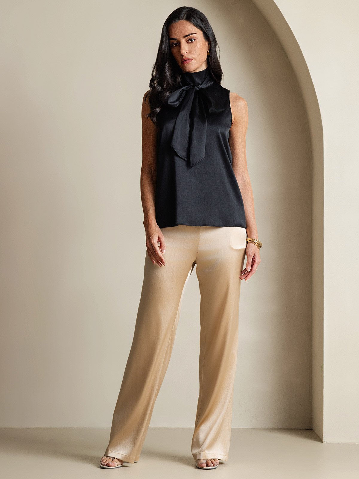 19Momme Silk Sleeveless Tie Neck Blouse