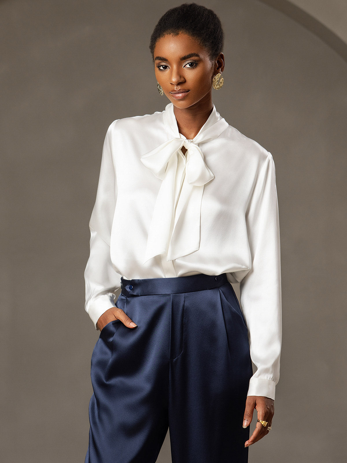 19Momme Silk Long Sleeve Tie Neck Blouse