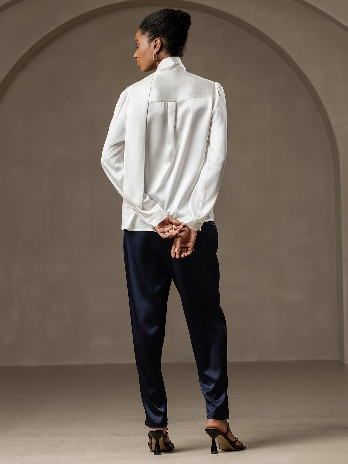 19Momme Silk Long Sleeve Tie Neck Blouse