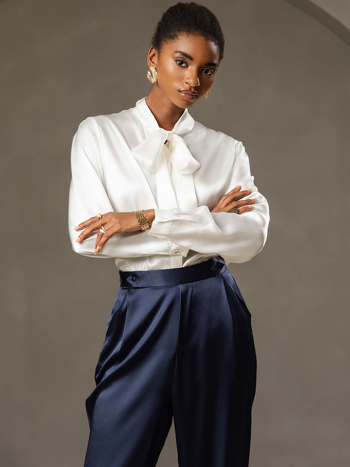 19Momme Silk Long Sleeve Tie Neck Blouse