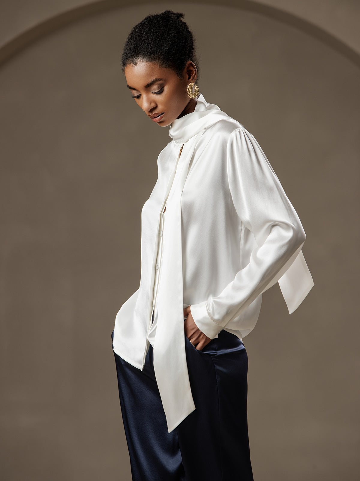 19Momme Silk Long Sleeve Tie Neck Blouse