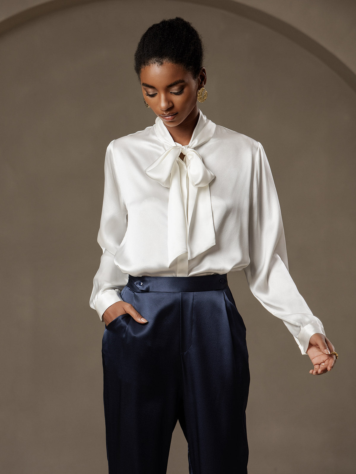 19Momme Silk Long Sleeve Tie Neck Blouse