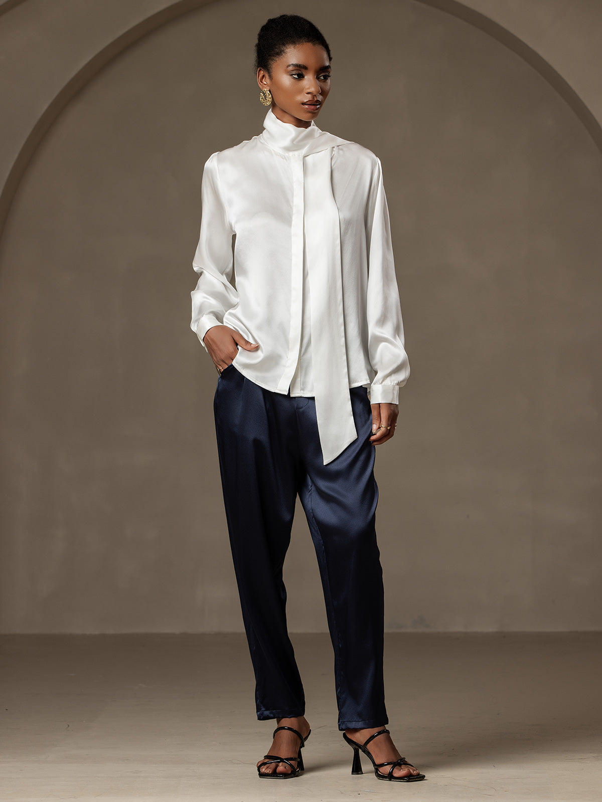 19Momme Silk Long Sleeve Tie Neck Blouse
