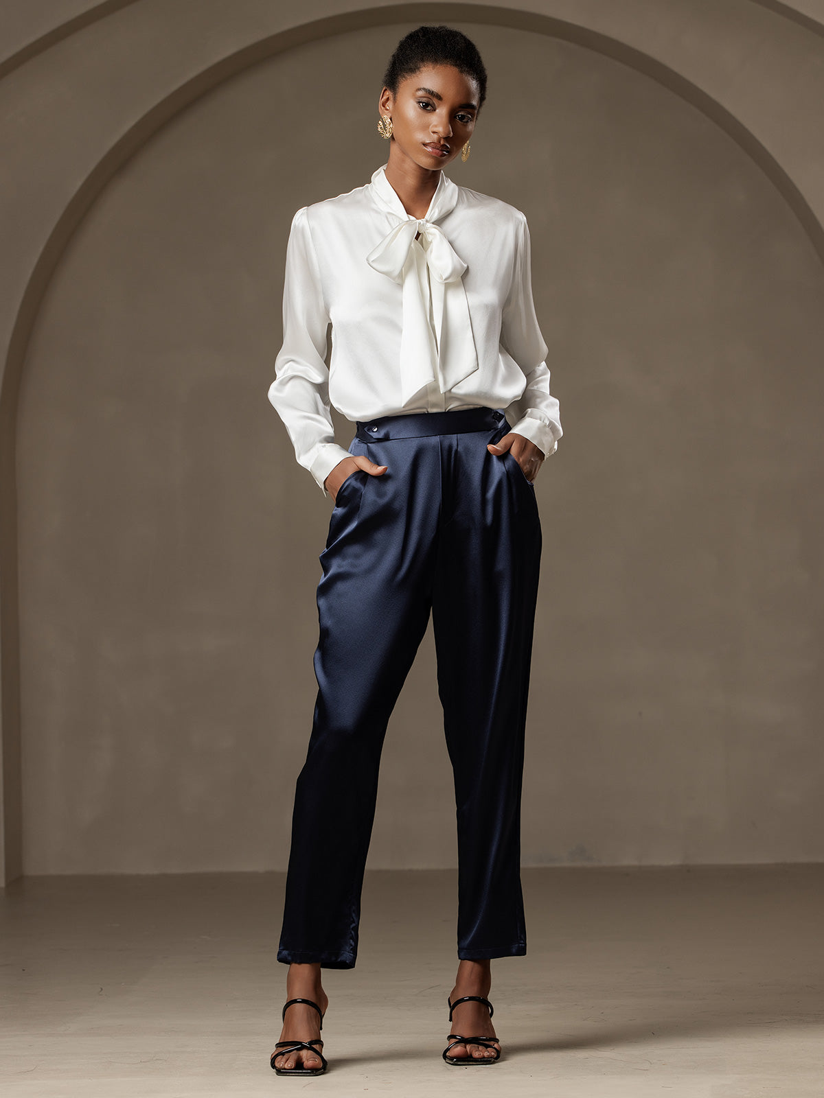 19Momme Silk Long Sleeve Tie Neck Blouse