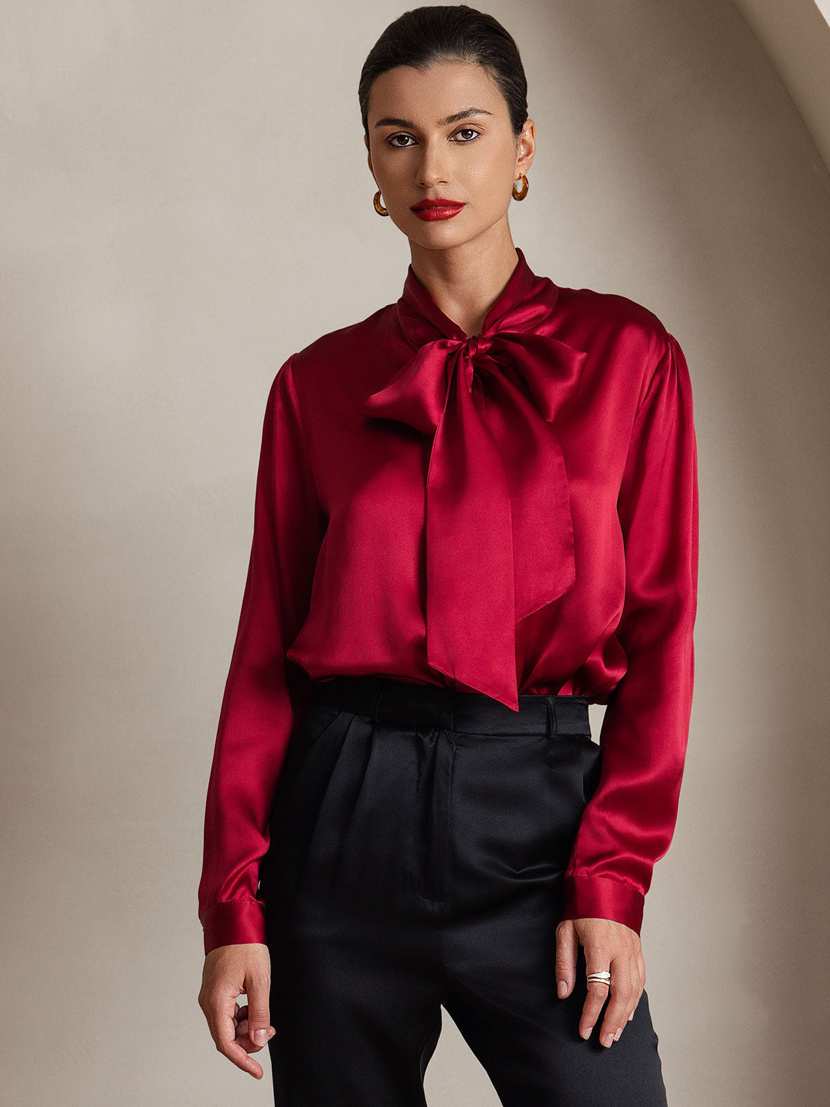 19Momme Silk Long Sleeve Tie Neck Blouse