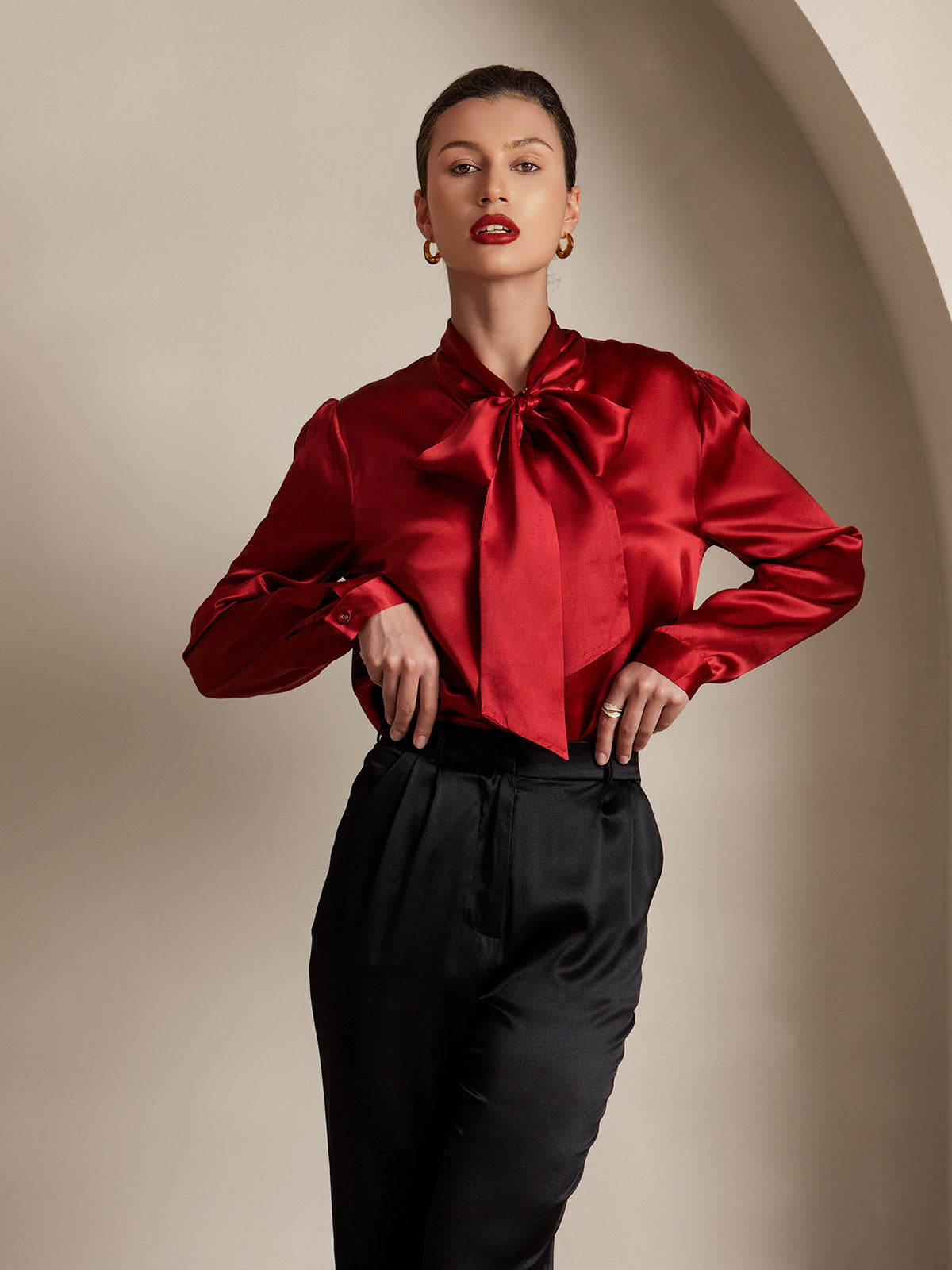19Momme Silk Long Sleeve Tie Neck Blouse