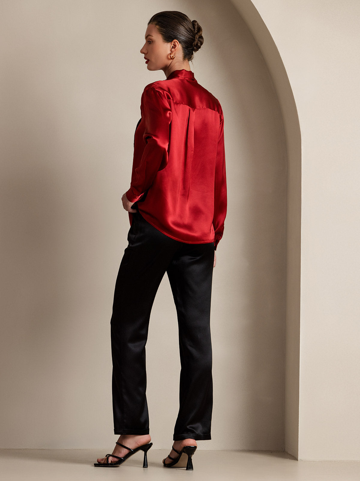 19Momme Silk Long Sleeve Tie Neck Blouse