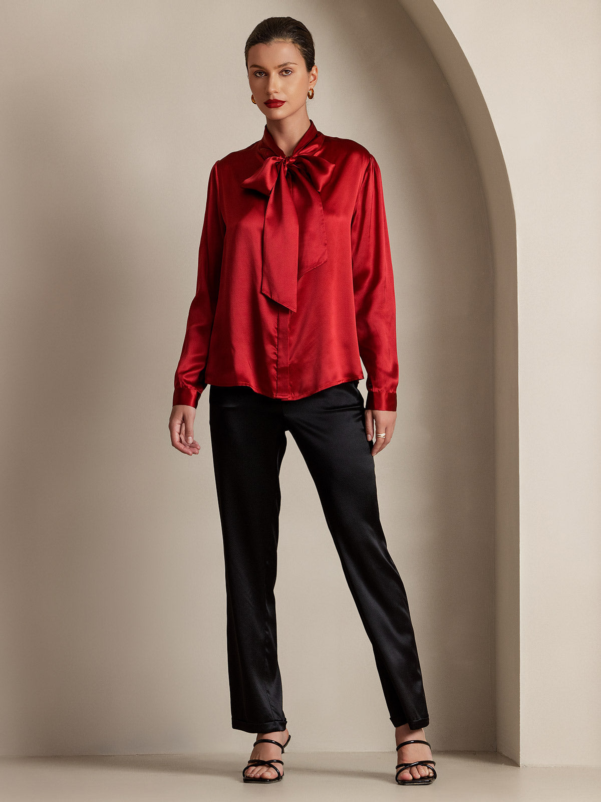 19Momme Silk Long Sleeve Tie Neck Blouse