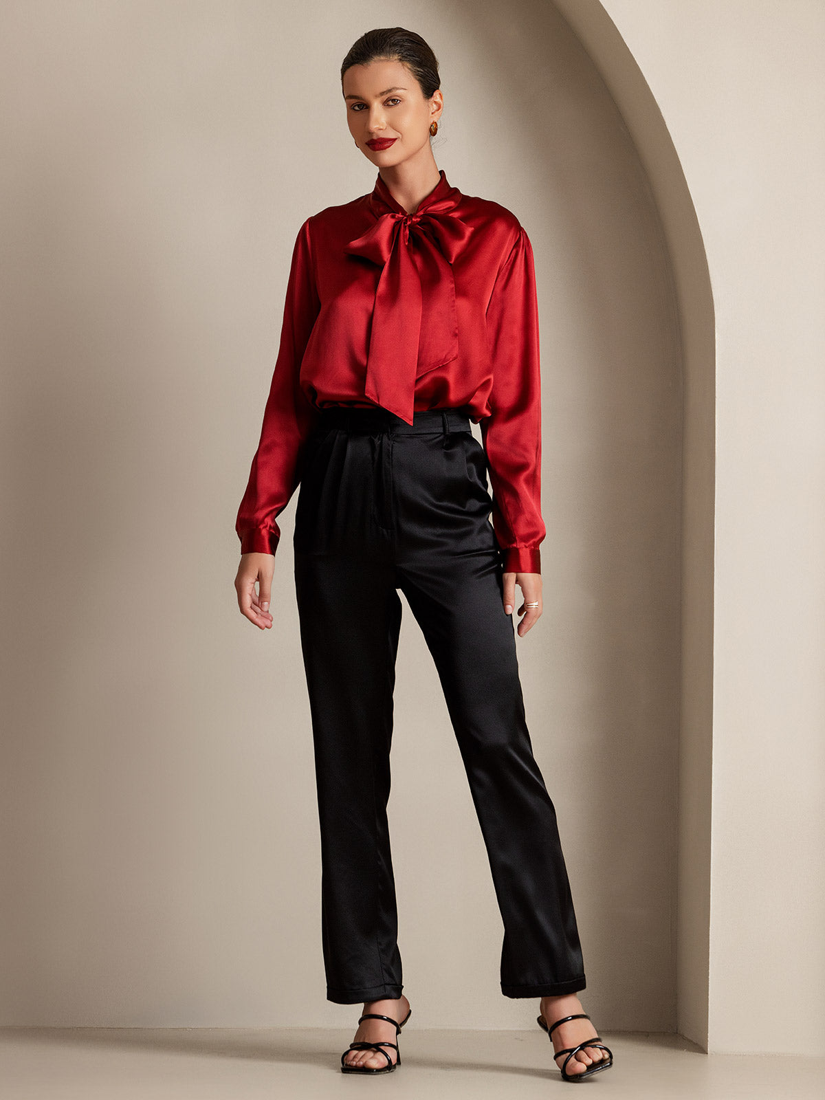 19Momme Silk Long Sleeve Tie Neck Blouse