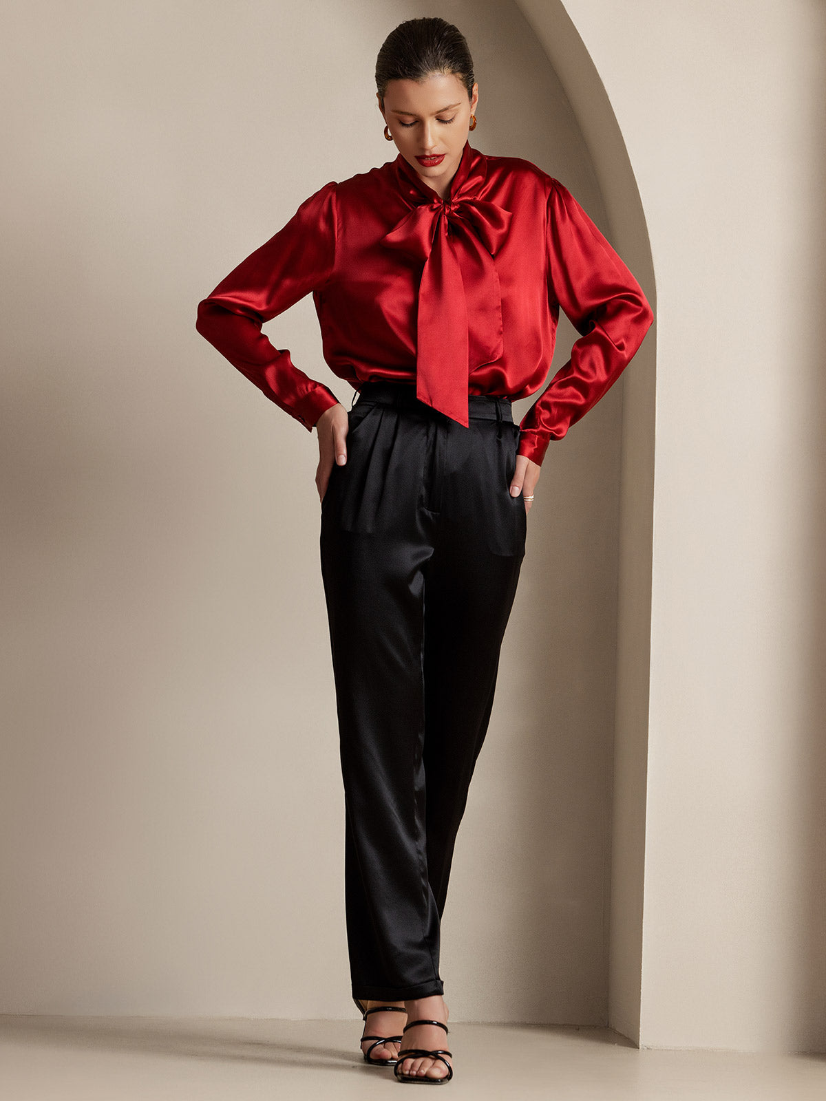 19Momme Silk Long Sleeve Tie Neck Blouse