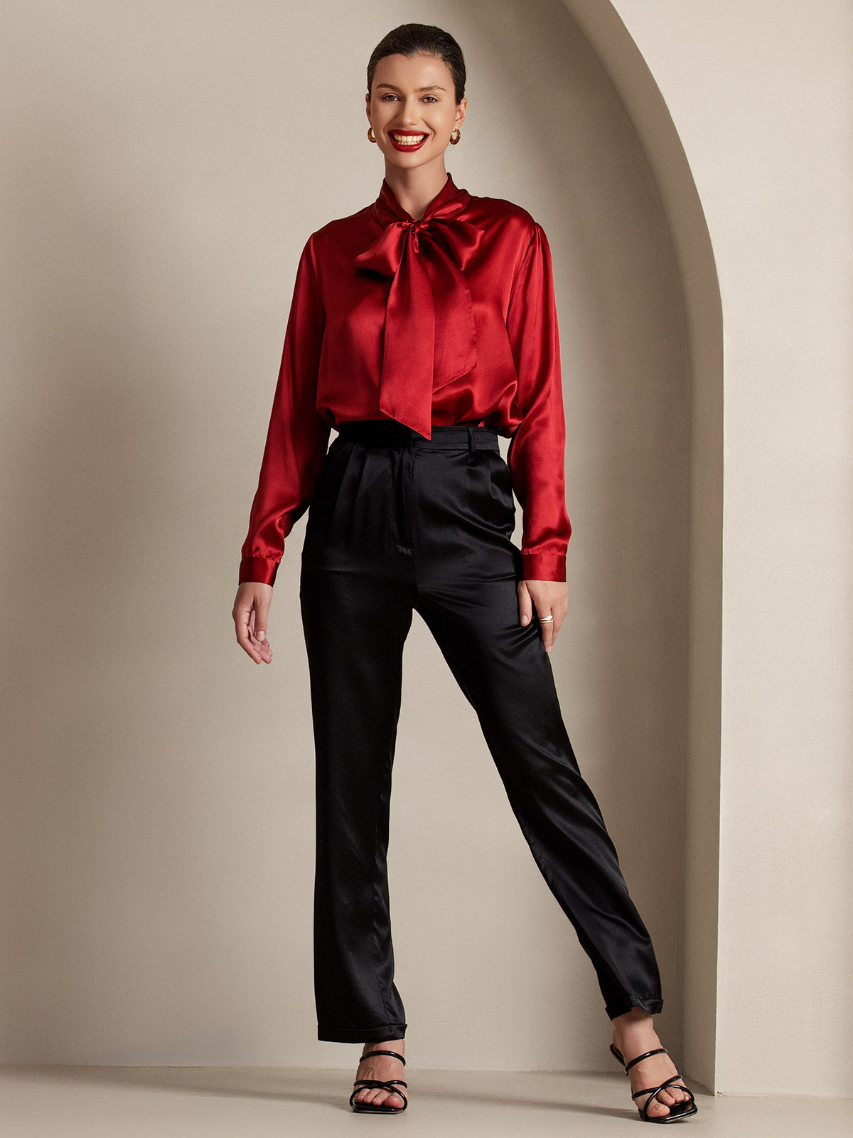 19Momme Silk Long Sleeve Tie Neck Blouse