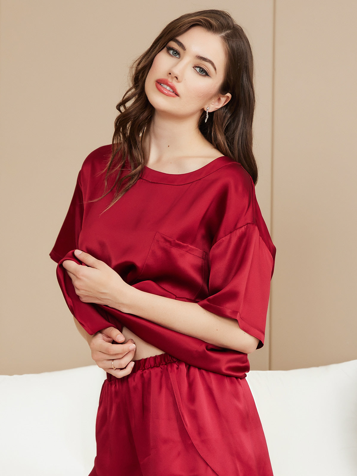 Pure Silk Short Sleeve Round Neck Womens Sleep Tee (Shorts Not Included)
