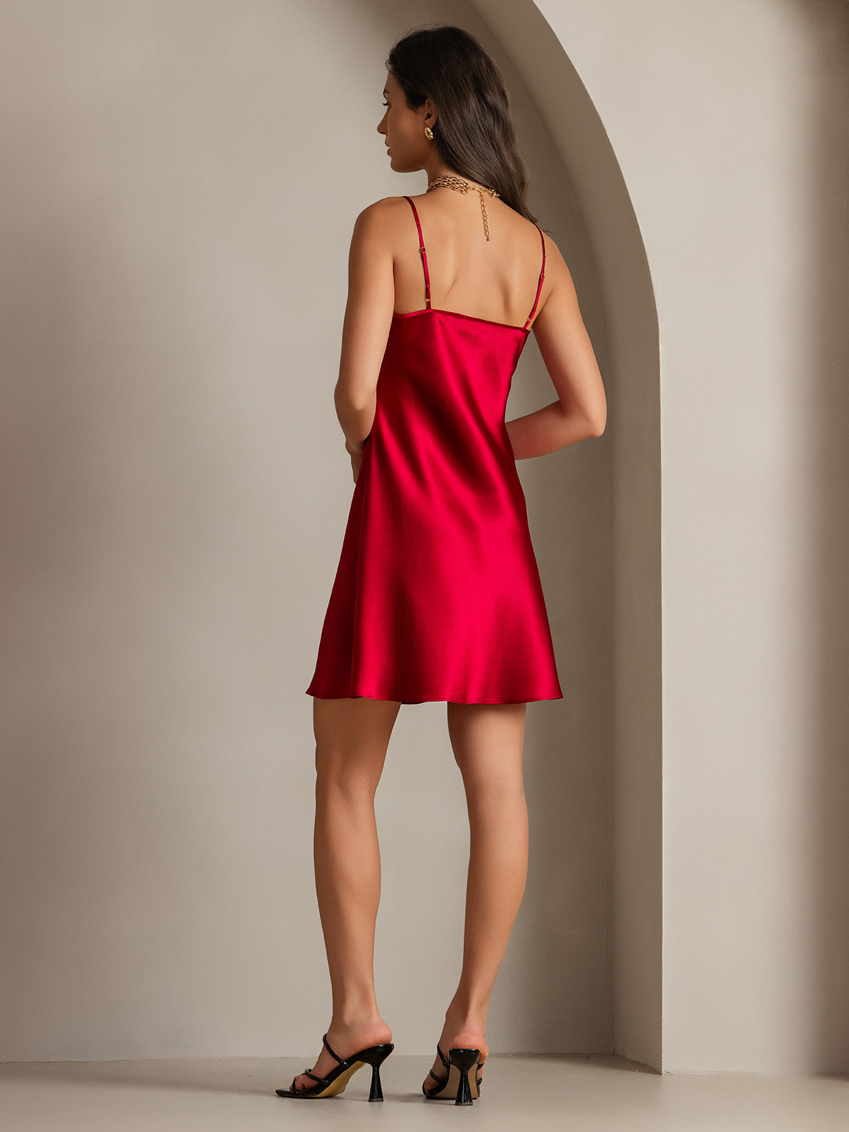 Pure Silk Spaghetti Strap V Neck Short Dress