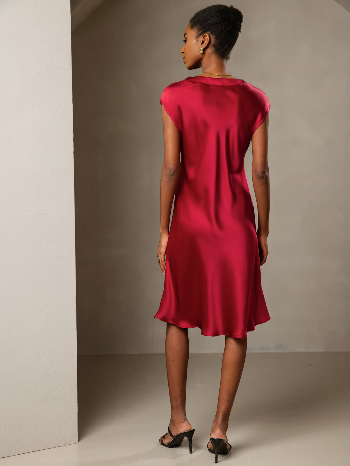 Pure Silk Cap Sleeve V Neck Knee Dress