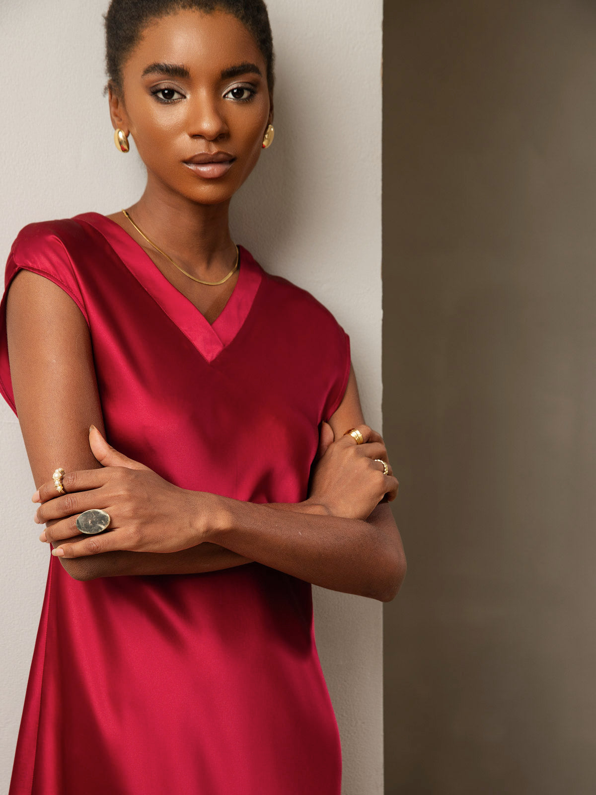 Pure Silk Cap Sleeve V Neck Knee Dress