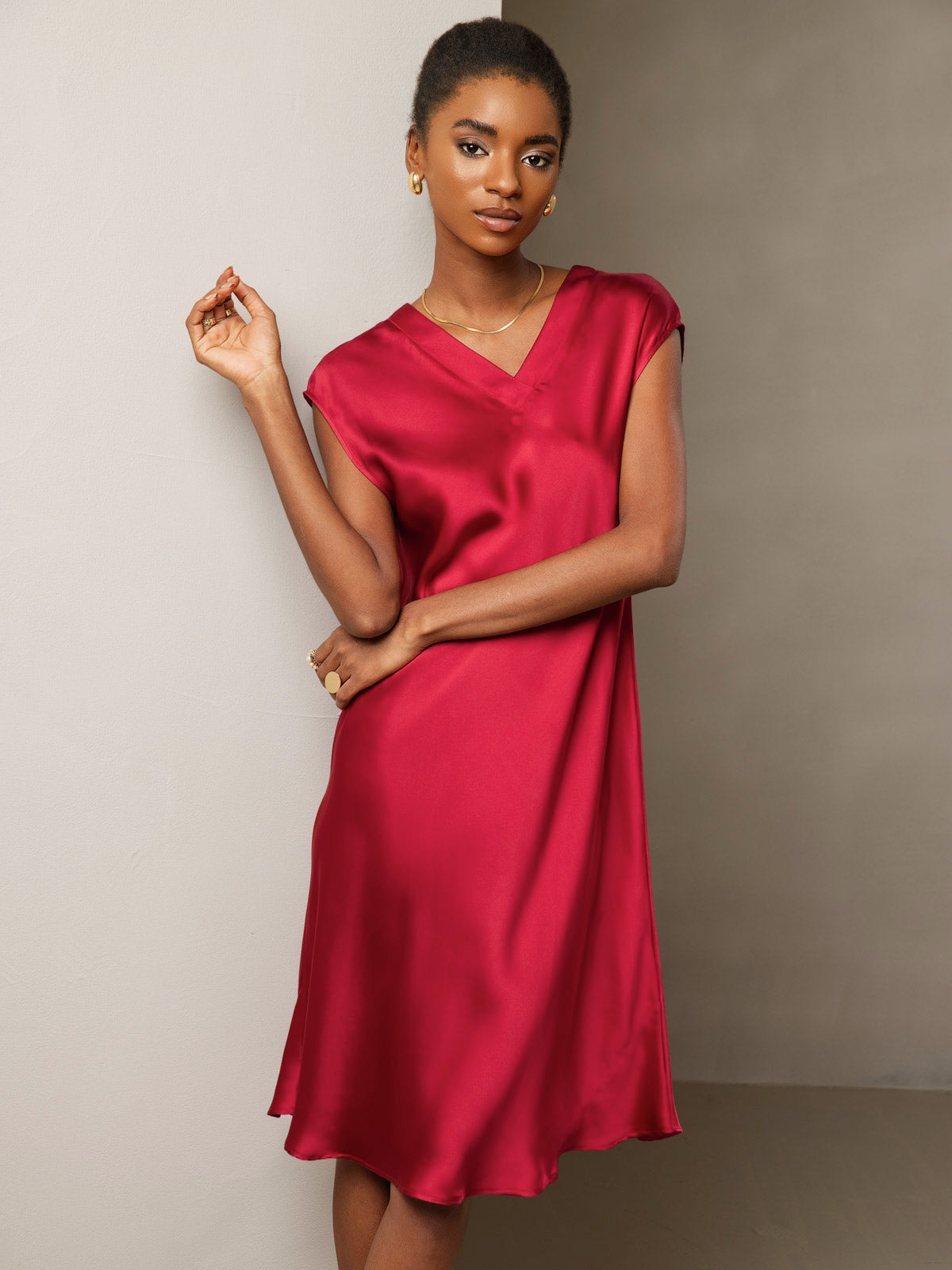 Pure Silk Cap Sleeve V Neck Knee Dress