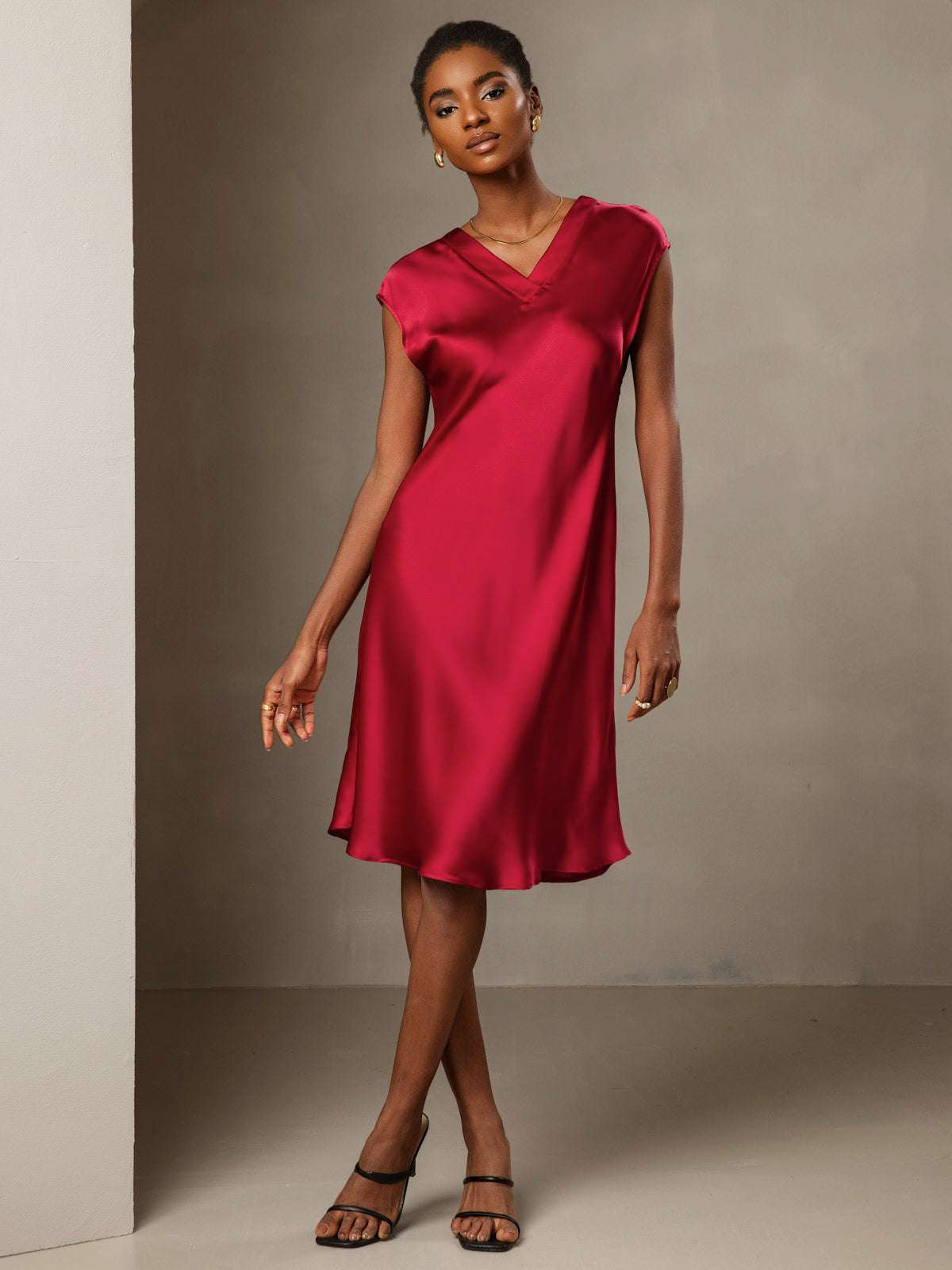 Pure Silk Cap Sleeve V Neck Knee Dress