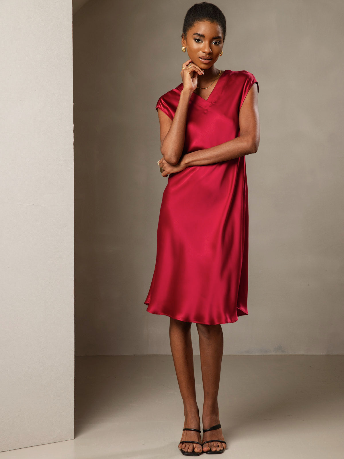 Pure Silk Cap Sleeve V Neck Knee Dress
