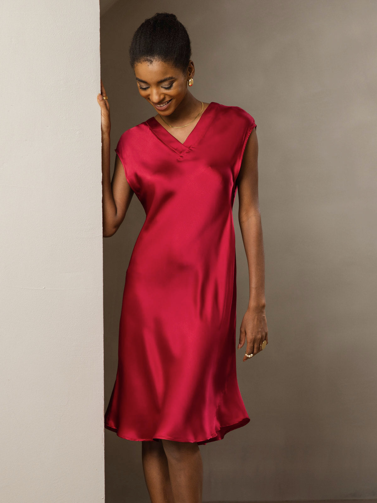 Pure Silk Cap Sleeve V Neck Knee Dress